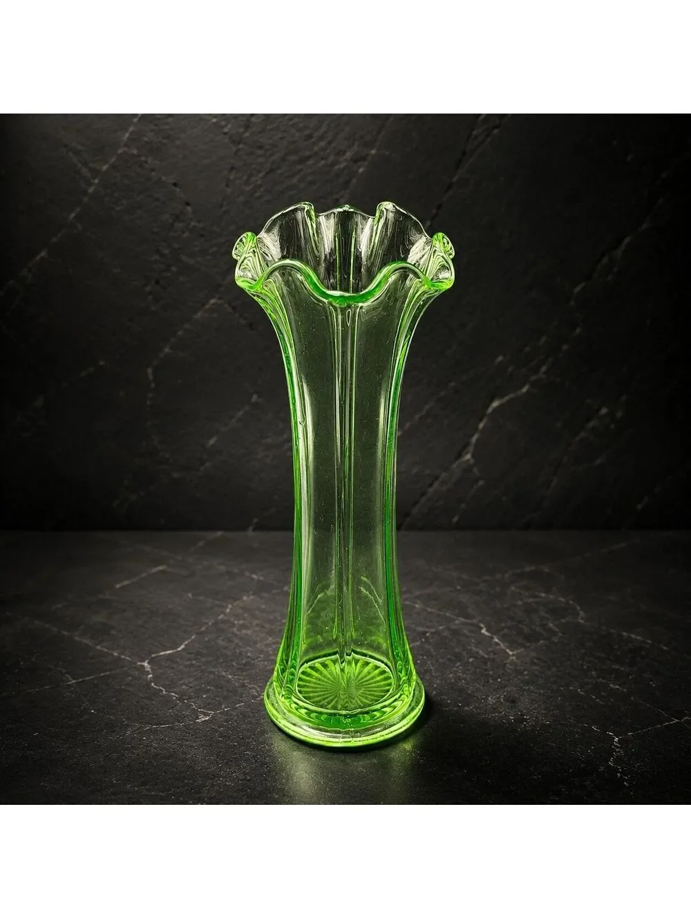 Vintage Uranium Vaseline Glass Vase Green Ruffled Rim 9.5